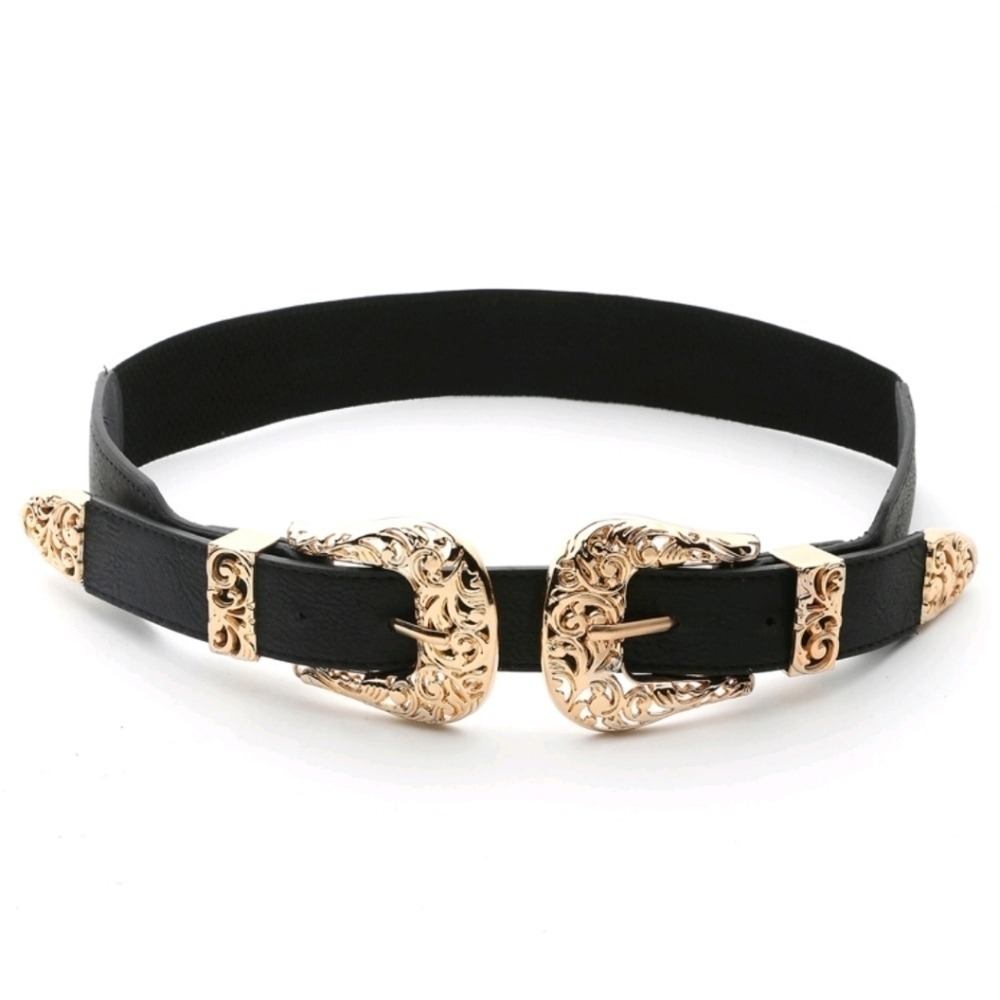 Gold Double Buckle Western Black Faux leather waist Belt Statement Festival